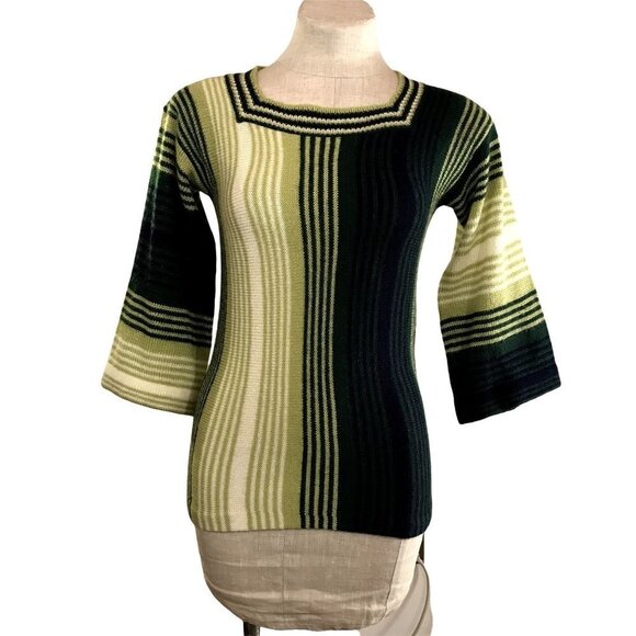 Vintage 60s Women's Green Striped Sweater Hippie Mod Knit XXS/XS - Picture 1 of 9